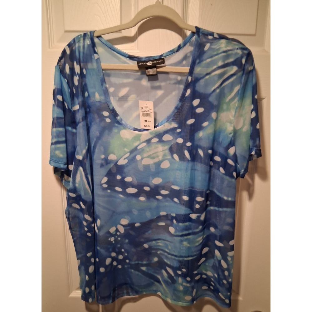 Ashley Stewart Mesh Top Sz 30/32 Blue Polka Dot W Short Sleeve Rocker
